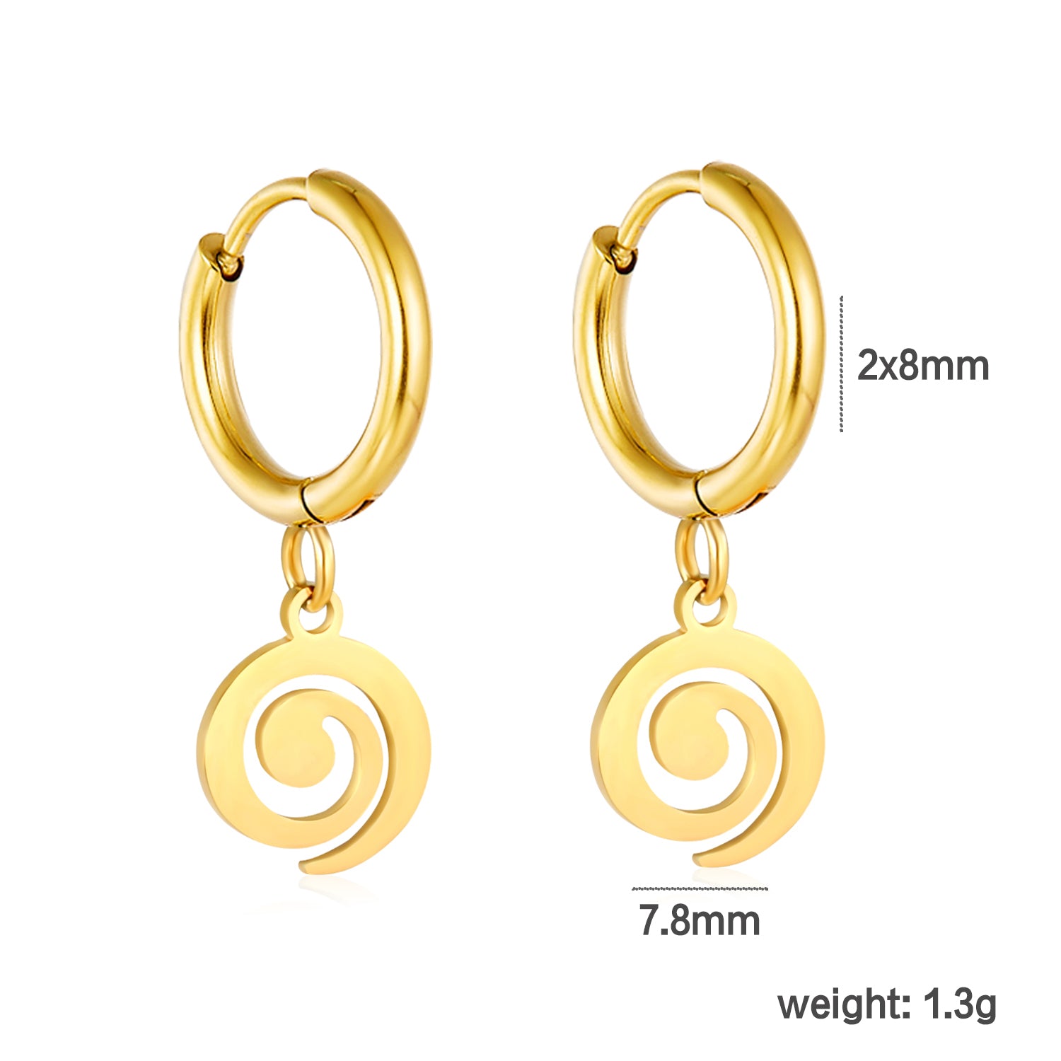 Wholesale 18K gold-plated spiral disc hoop earrings, vintage-inspired, minimalist styledimension diagram with measurements