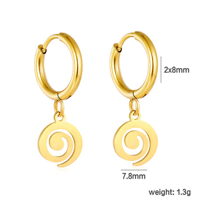 Wholesale 18K gold-plated spiral disc hoop earrings, vintage-inspired, minimalist styledimension diagram with measurements