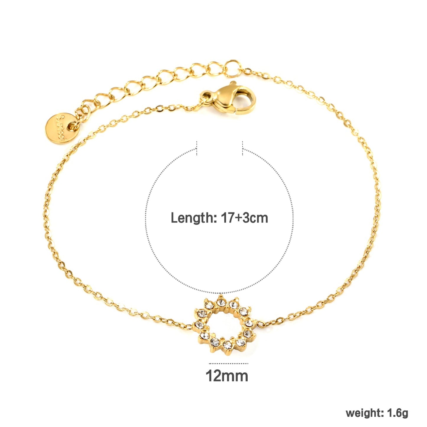 Wholesale 304L Stainless Steel Gold Sunflower Bracelet CZ Pendant O-Chain 17+3cm