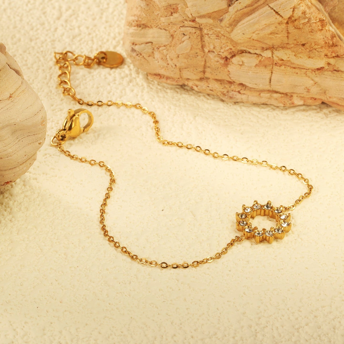 Wholesale 304L Stainless Steel Gold Sunflower Bracelet CZ Pendant O-Chain 17+3cm
