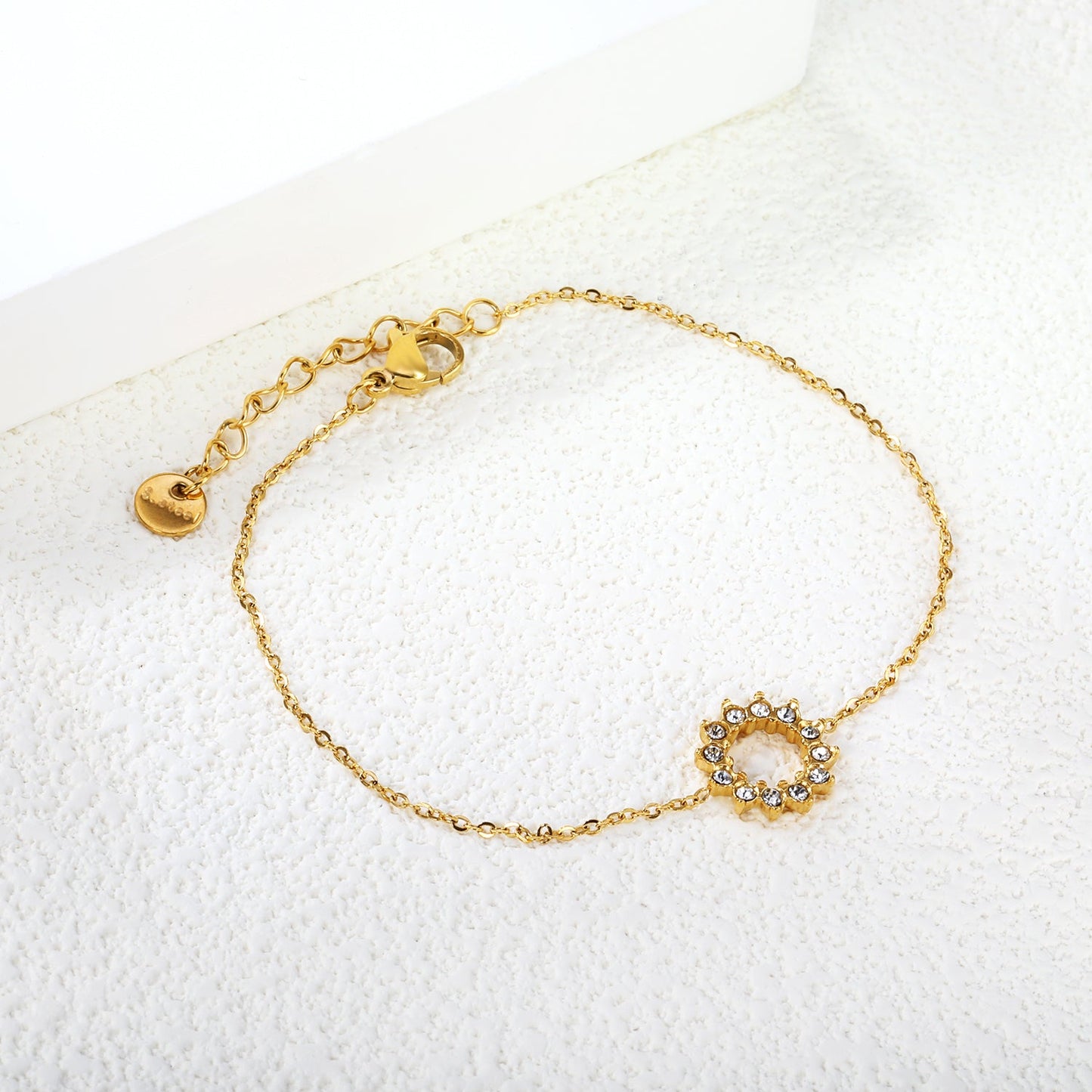 Wholesale 304L Stainless Steel Gold Sunflower Bracelet CZ Pendant O-Chain 17+3cm