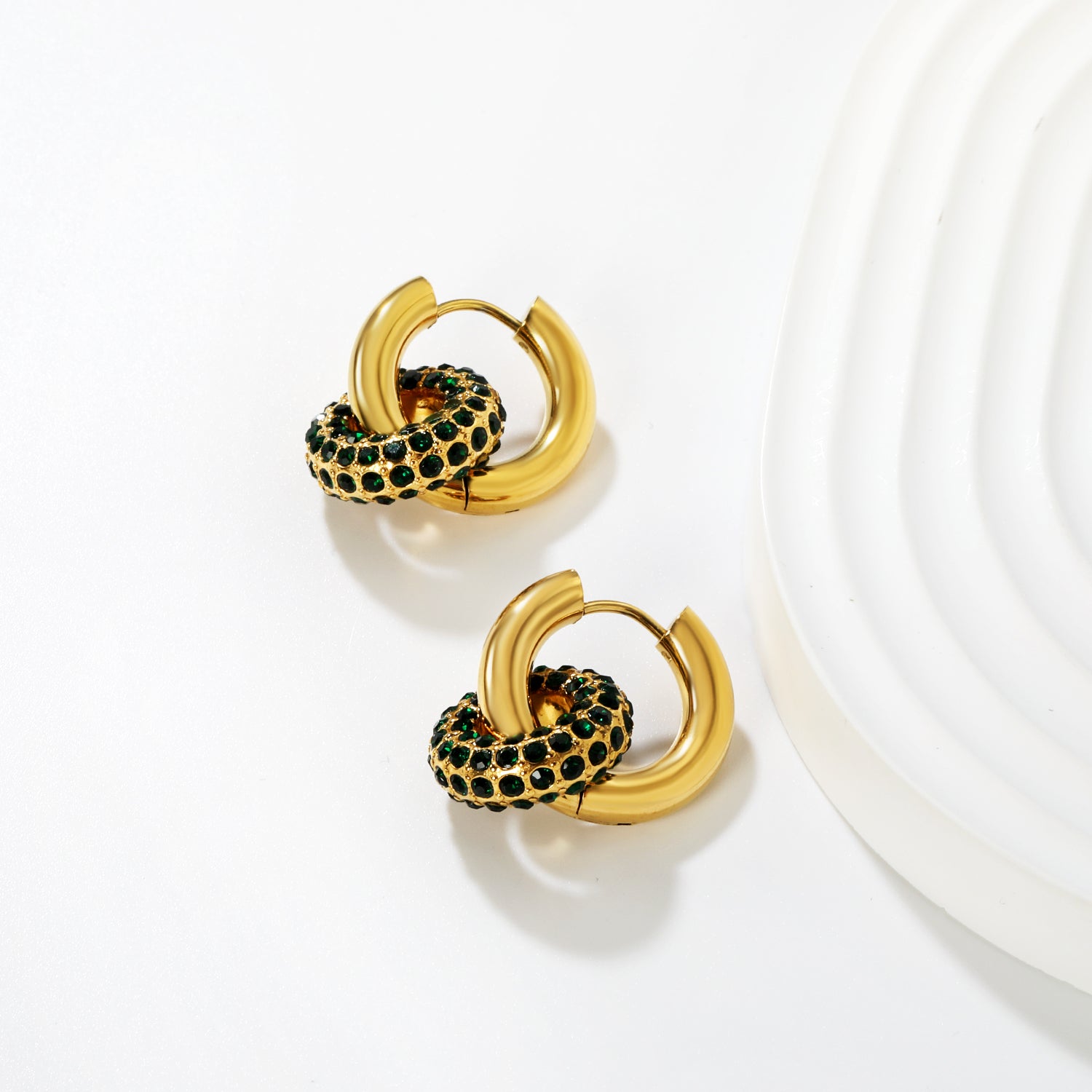 Wholesale Double Interlocking Hoop Earrings PVD Gold Crystal Tarnish FreeHigh-resolution Lifestyle Photos_green