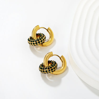 Wholesale Double Interlocking Hoop Earrings PVD Gold Crystal Tarnish FreeHigh-resolution Lifestyle Photos_green