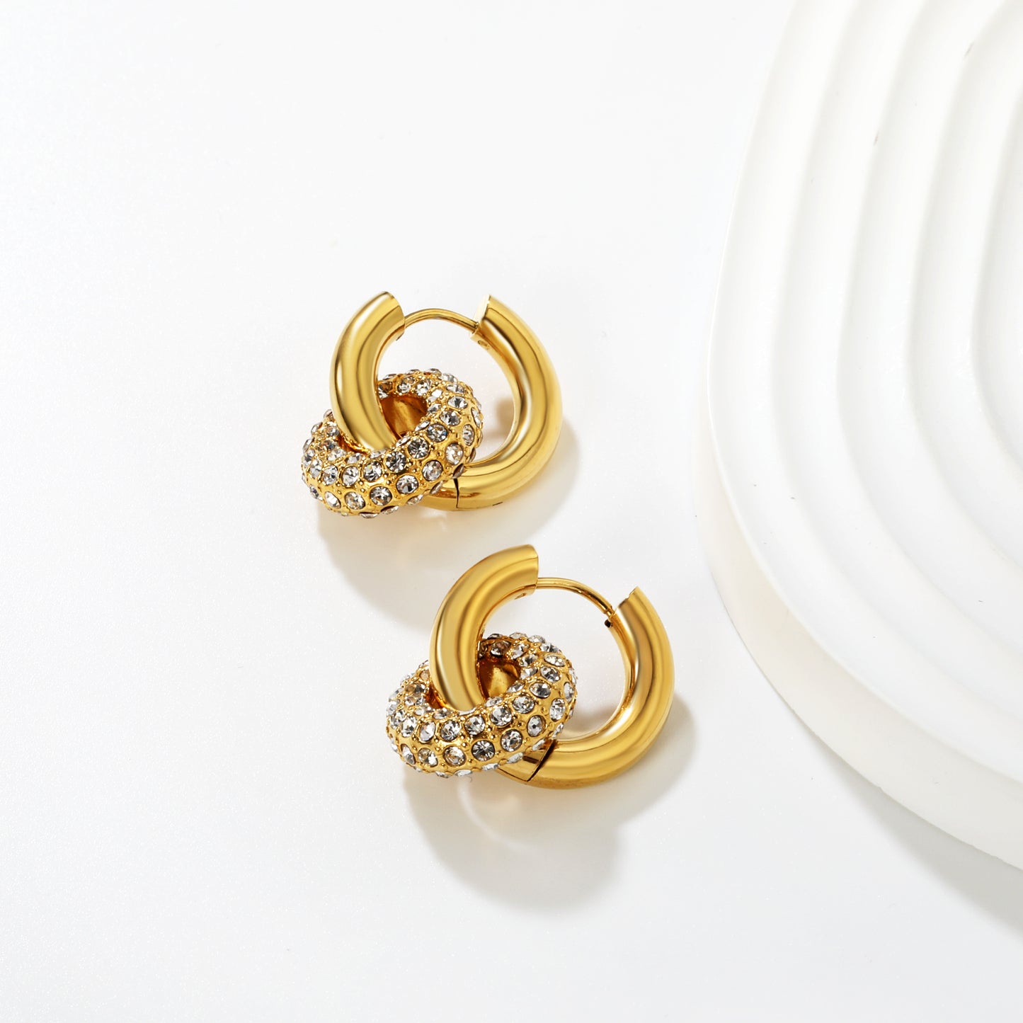 Wholesale Double Interlocking Hoop Earrings PVD Gold Crystal Tarnish FreeHigh-resolution Lifestyle Photos_white