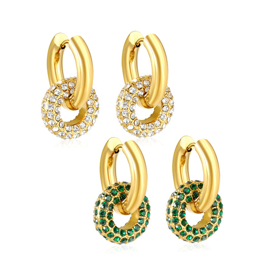 Wholesale Double Interlocking Hoop Earrings PVD Gold Crystal Tarnish FreeHigh-resolution on white background