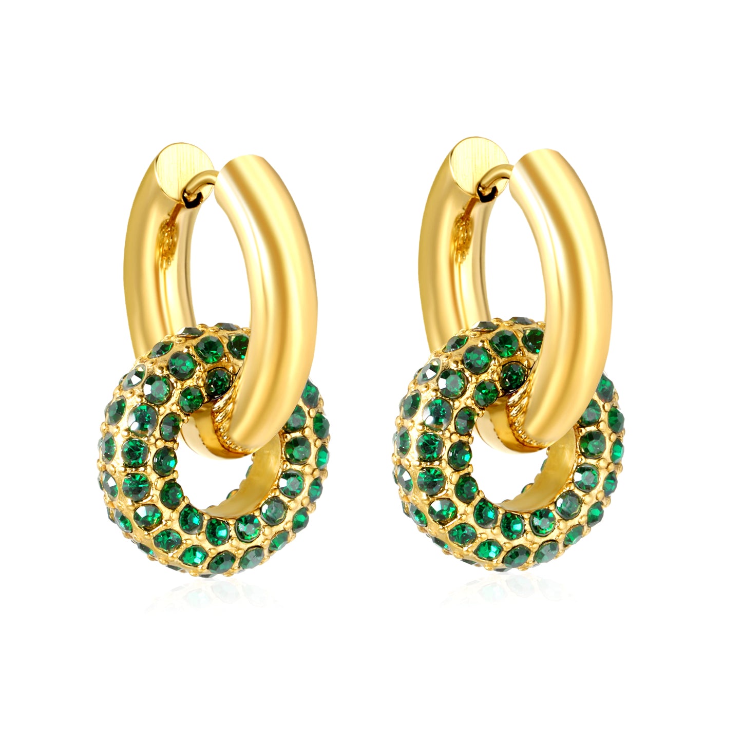 Wholesale Double Interlocking Hoop Earrings PVD Gold Crystal Tarnish FreeHigh-resolution on white background_Green