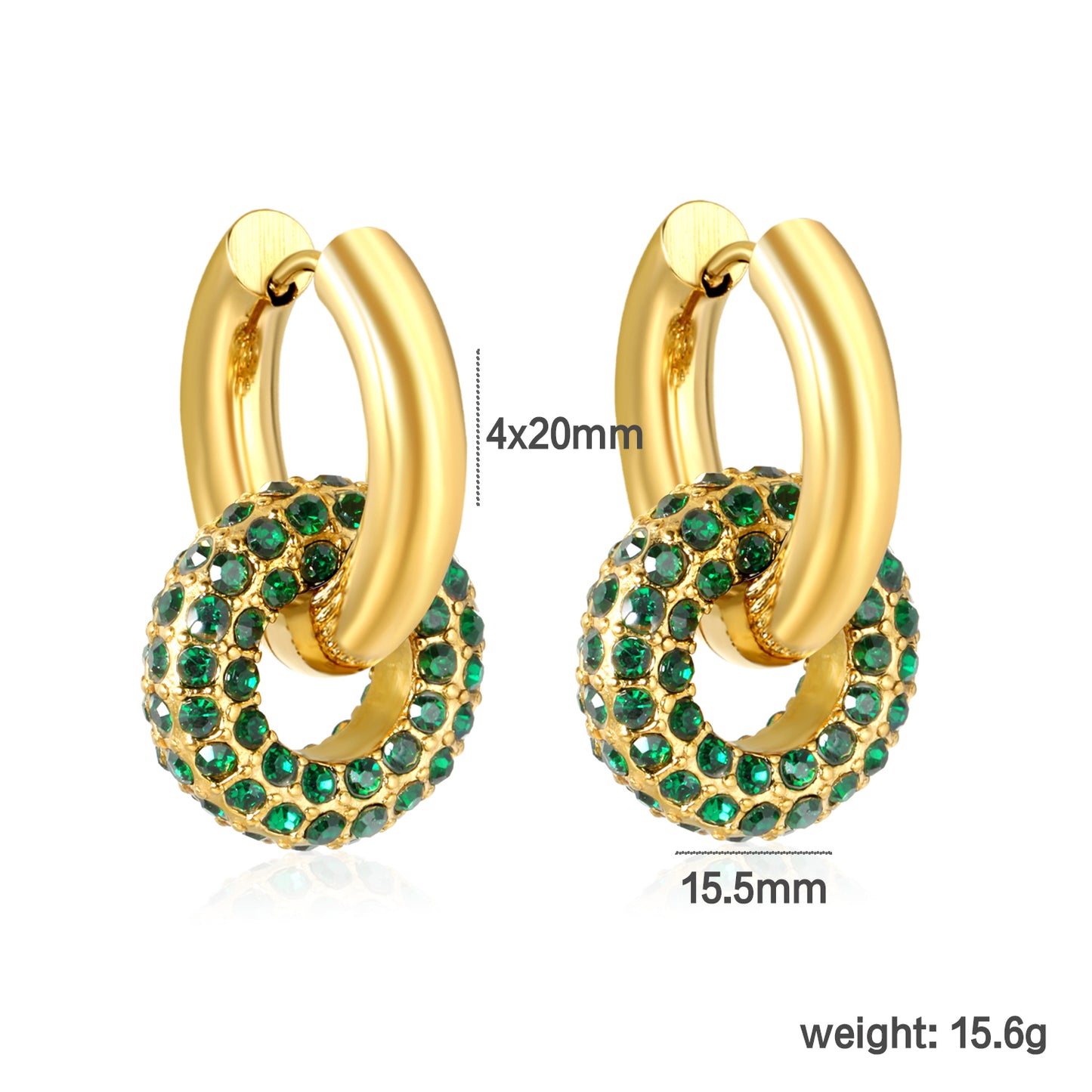 Wholesale Double Interlocking Hoop Earrings PVD Gold Crystal Tarnish Freedimension diagram with measurements_green