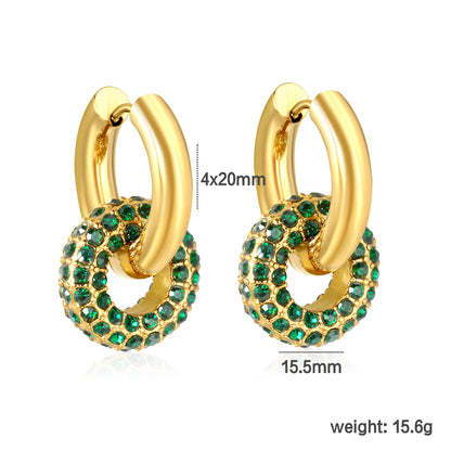 Wholesale Double Interlocking Hoop Earrings PVD Gold Crystal Tarnish Freedimension diagram with measurements_green