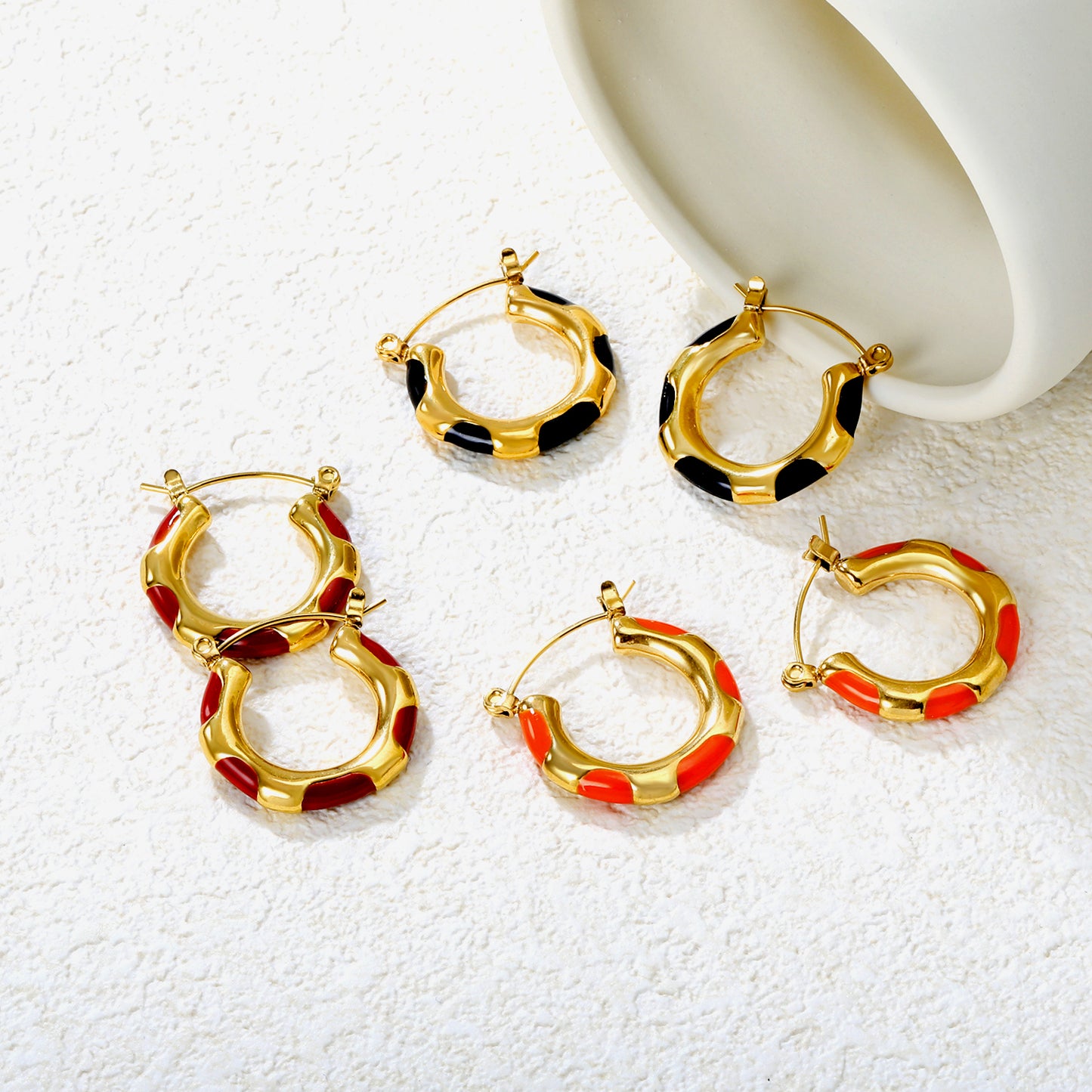 Wholesale Enamel Block Pattern Hoops 18K Gold Plated Waterproof Tarnish-ResistantCollection_High-resolution Lifestyle Photos