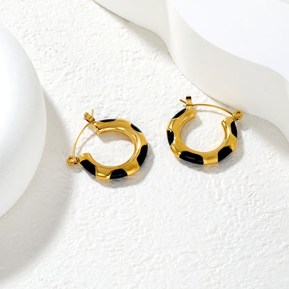 Wholesale Enamel Block Pattern Hoops 18K Gold Plated Waterproof Tarnish-ResistantHigh-resolution Lifestyle Photos_black