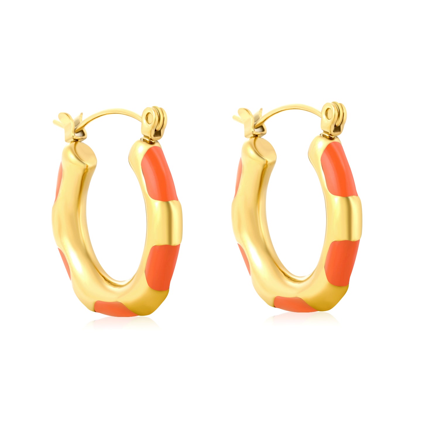 Wholesale Enamel Block Pattern Hoops 18K Gold Plated Waterproof Tarnish-ResistantHigh-resolution on white background_Orange