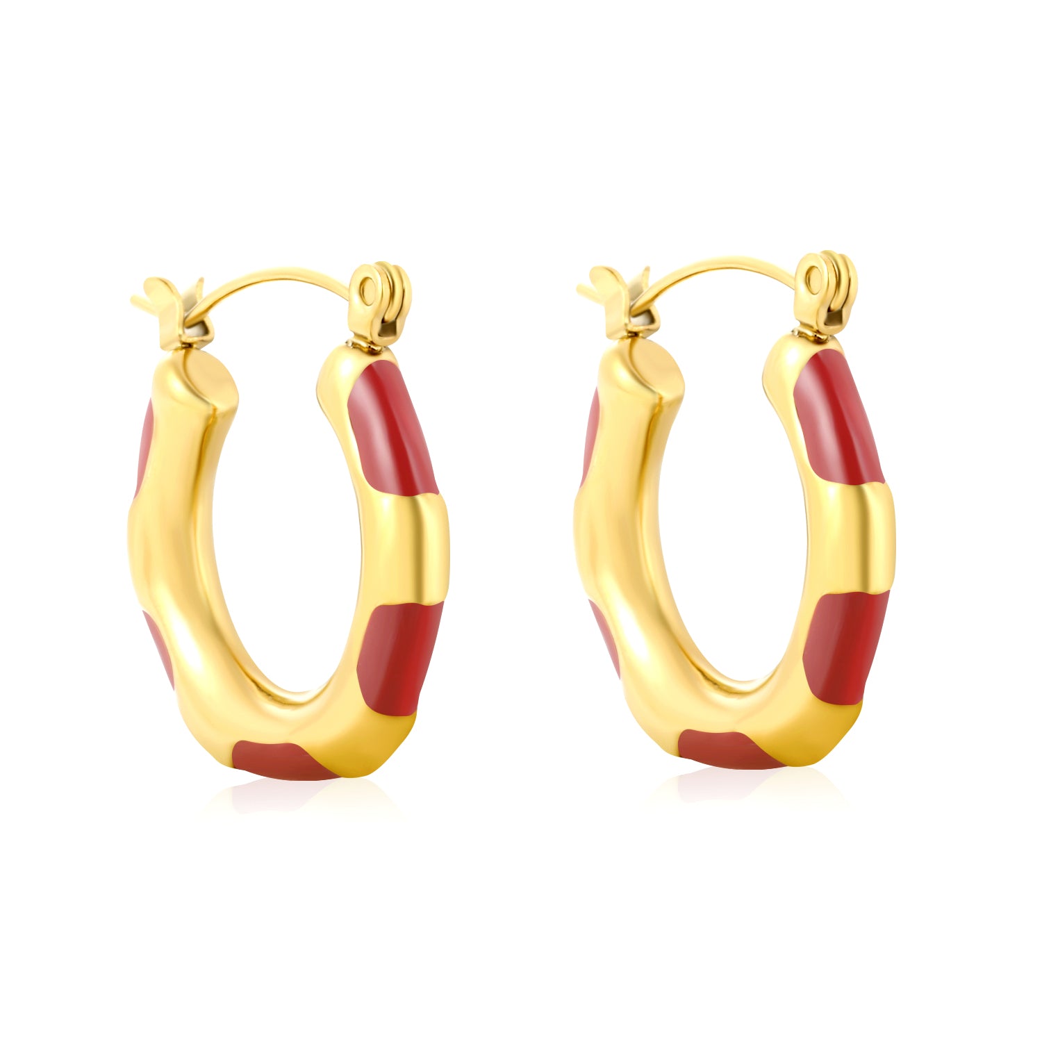 Wholesale Enamel Block Pattern Hoops 18K Gold Plated Waterproof Tarnish-ResistantHigh-resolution on white background_Red