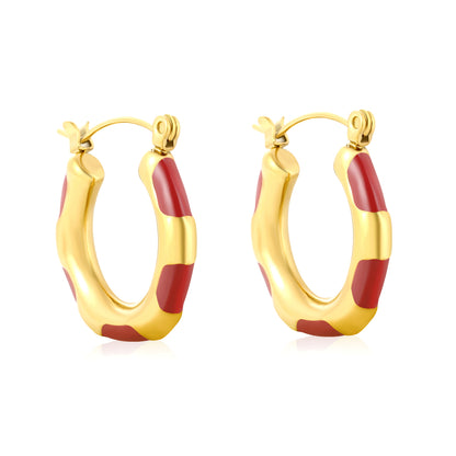 Wholesale Enamel Block Pattern Hoops 18K Gold Plated Waterproof Tarnish-ResistantHigh-resolution on white background_Red