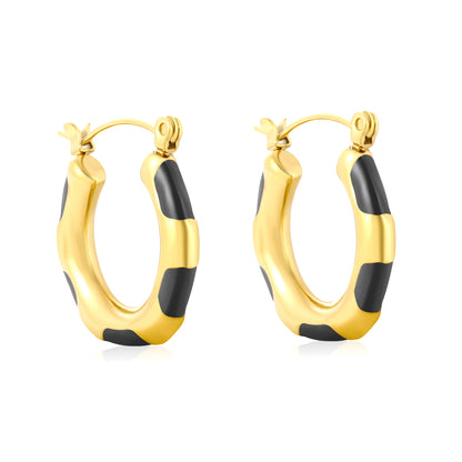 Wholesale Enamel Block Pattern Hoops 18K Gold Plated Waterproof Tarnish-ResistantHigh-resolution on white background_black
