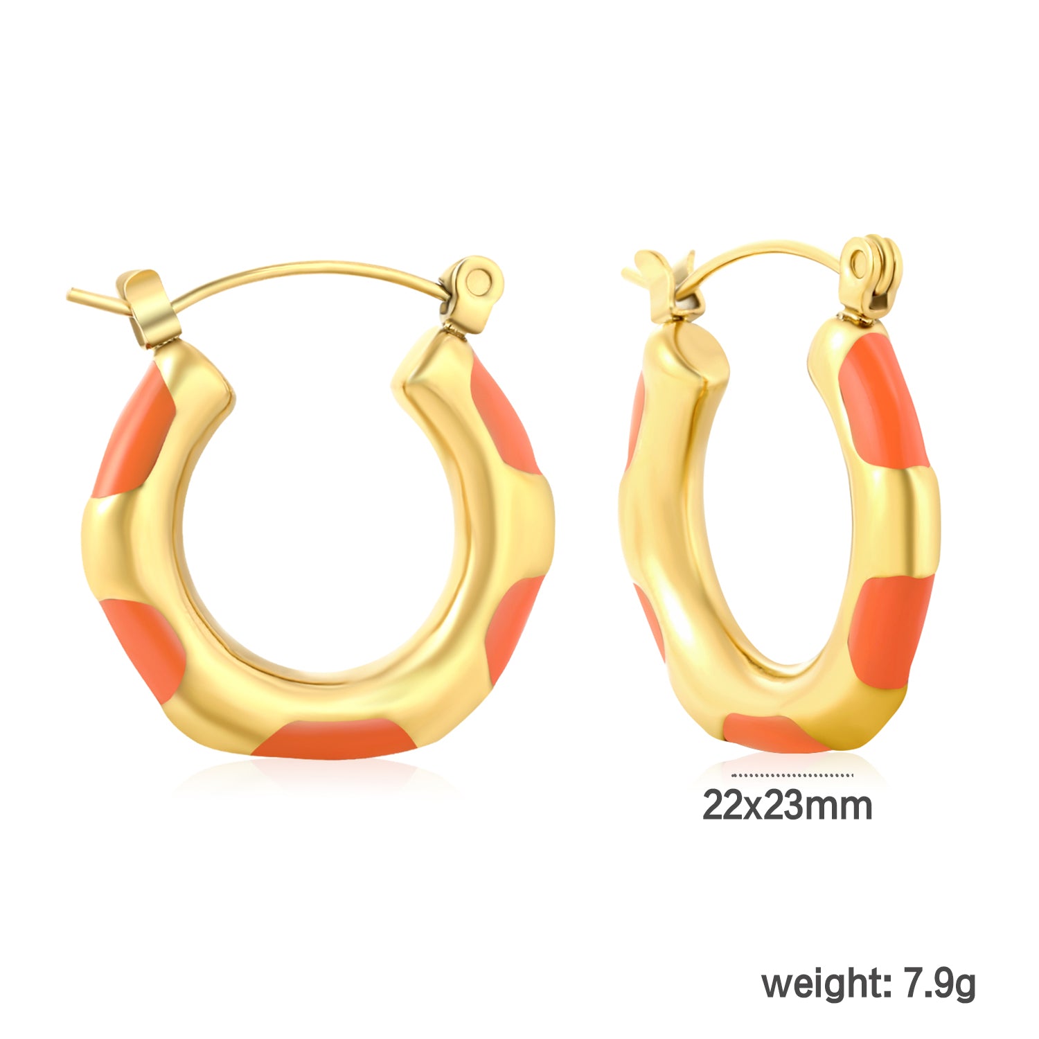 Wholesale Enamel Block Pattern Hoops 18K Gold Plated Waterproof Tarnish-Resistantdimension diagram with measurements_Orange