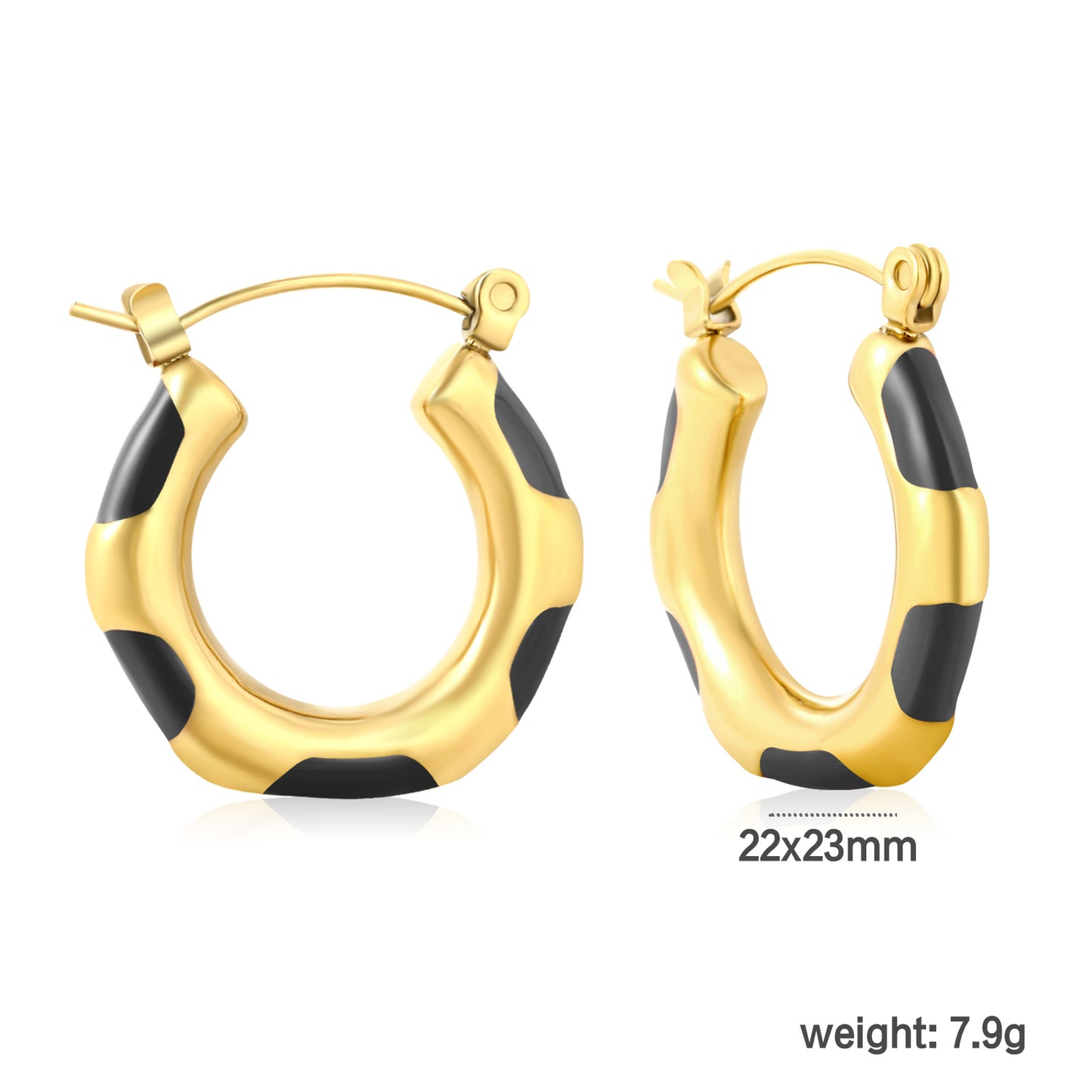 Wholesale Enamel Block Pattern Hoops 18K Gold Plated Waterproof Tarnish-Resistantdimension diagram with measurements_black