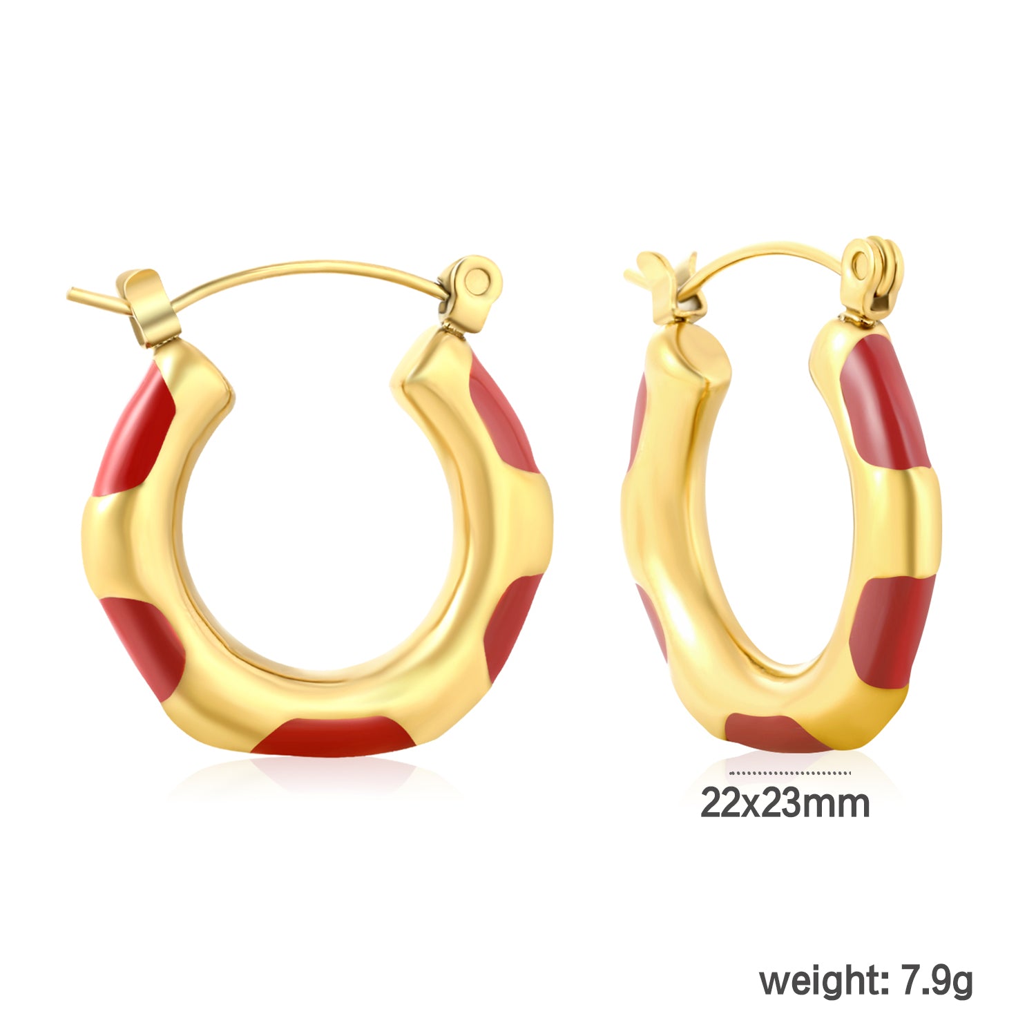 Wholesale Enamel Block Pattern Hoops 18K Gold Plated Waterproof Tarnish-Resistantdimension diagram with measurements_red