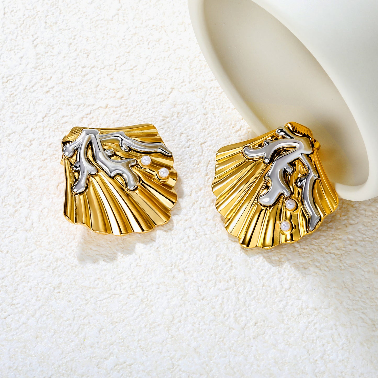 Wholesale Engraved Shell Earrings 18K Gold with Pearl - Jacey JewelryHigh-resolution Lifestyle Photos