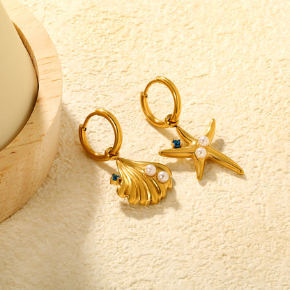 Wholesale Ocean Star Earrings 18K Gold Plated with Pearl & Zircon - Jacey JewelryClose-ups of the gold plating and details
