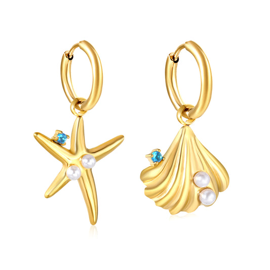 Wholesale Ocean Star Earrings 18K Gold Plated with Pearl & Zircon - Jacey JewelryHigh-resolution on white background