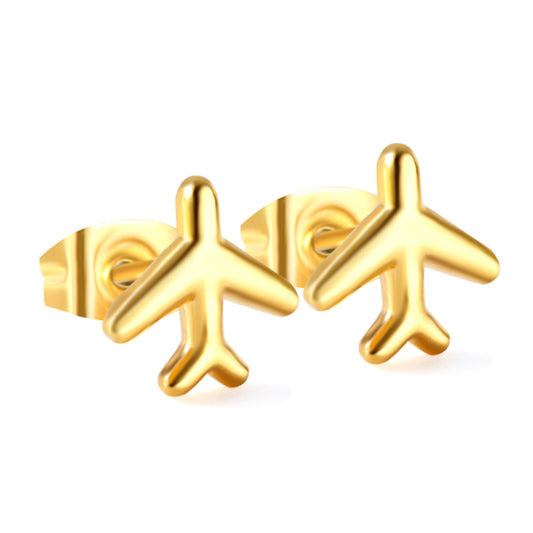 Wholesale Stainless Steel 18K Gold Plated Airplane Plain Pin EarringsHigh-resolution on white background