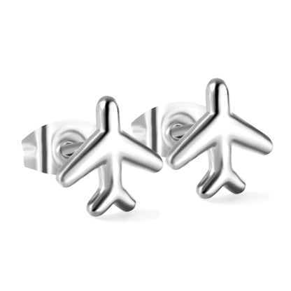 Wholesale Stainless Steel 18K Gold Plated Airplane Plain Pin EarringsHigh-resolution on white background_silver