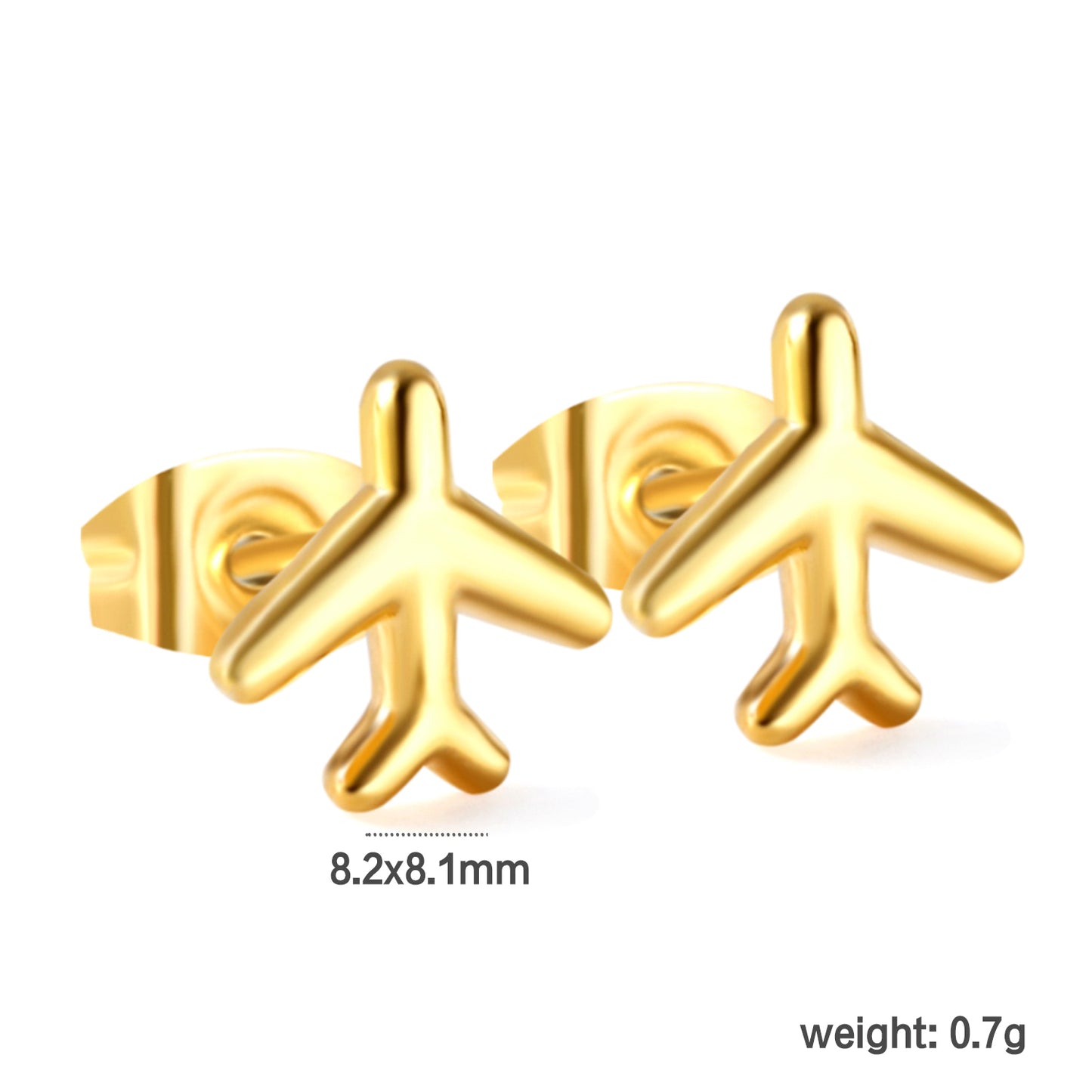 Wholesale Stainless Steel 18K Gold Plated Airplane Plain Pin Earringsdimension diagram with measurements