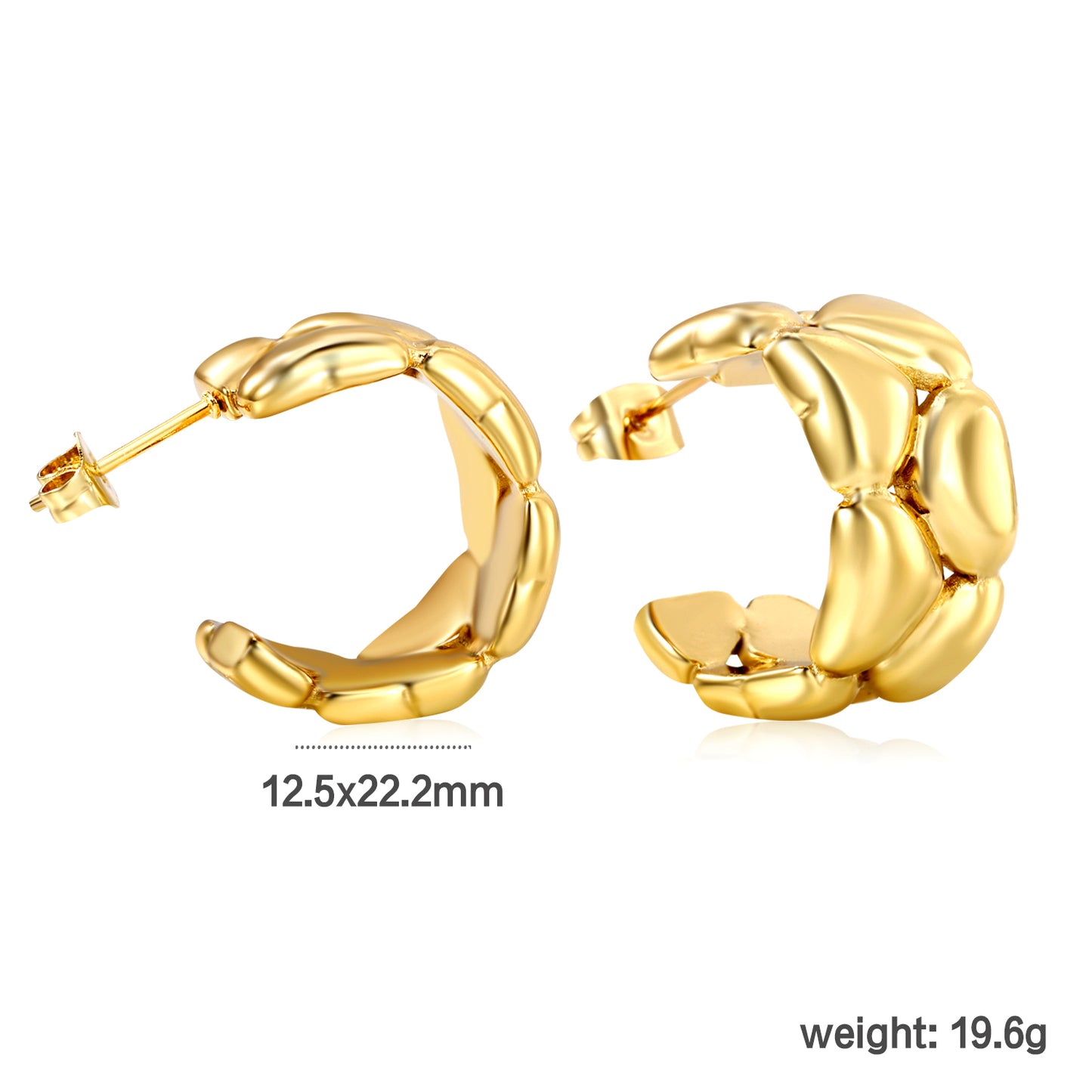 Wholesale Stainless Steel 18K Gold Plated C Shape Connected Heart Stud Earringsdimension diagram with measurements