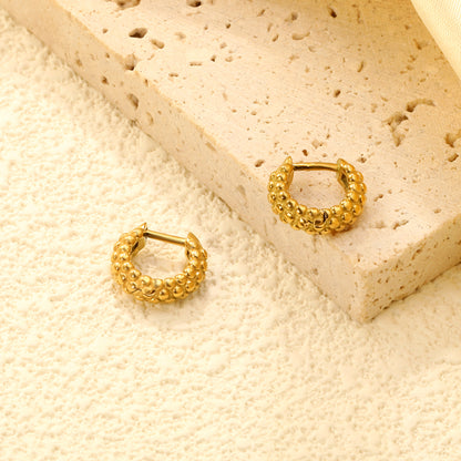 Wholesale Stainless Steel 18K Gold Plated Dimpled Round Stud EarringsClose-ups of the gold plating and details