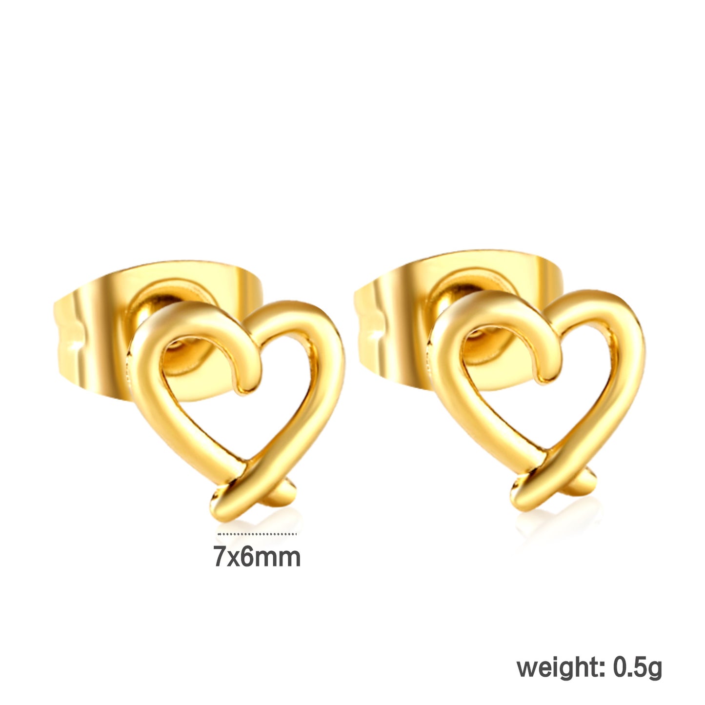 Wholesale Stainless Steel 18K Gold Plated Heart Shape Openwork Plain Pin Earringsdimension diagram with measurements