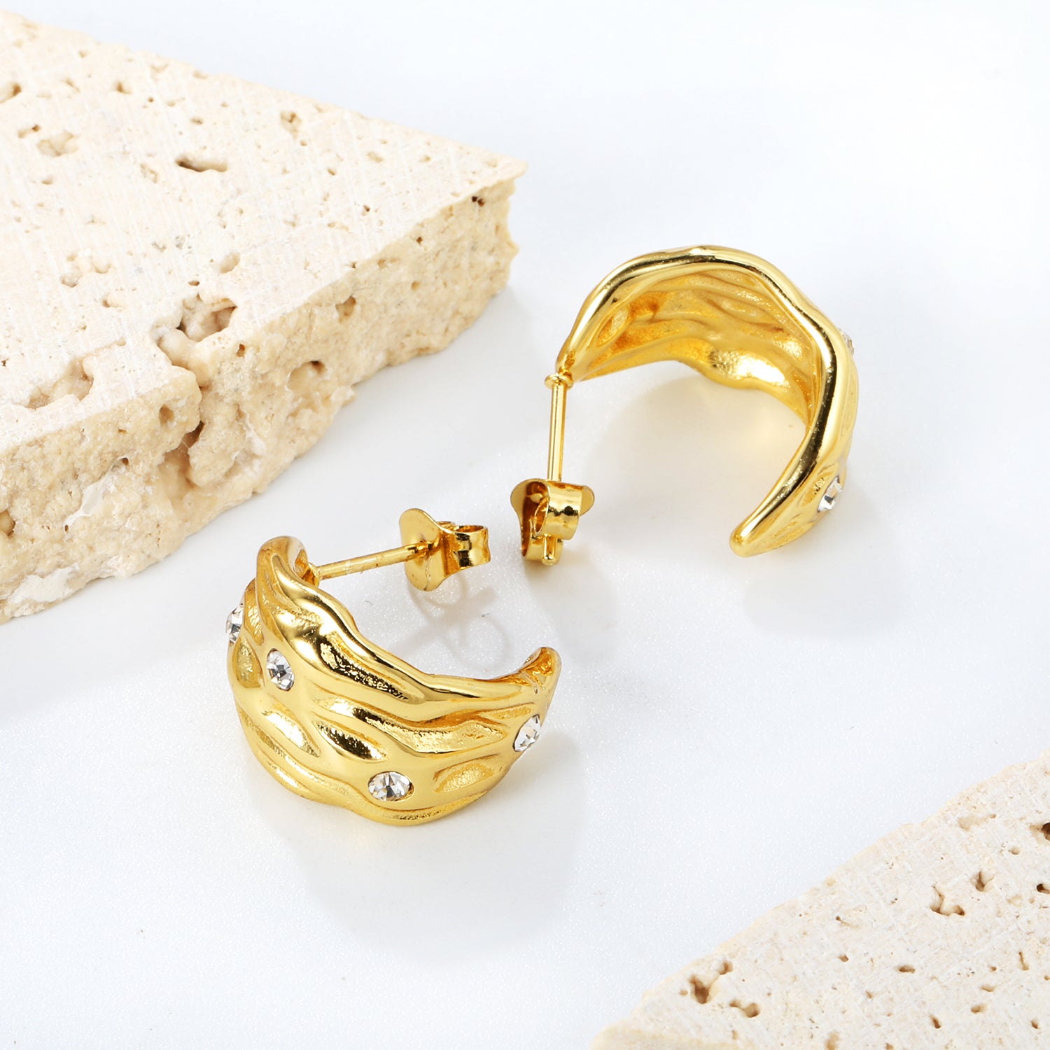 Wholesale Stainless Steel 18K Gold Plated Irregular Pattern C Shape Open Stud Earrings with Sticky White DiamondsHigh-resolution Lifestyle Photos