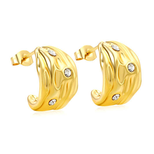 Wholesale Stainless Steel 18K Gold Plated Irregular Pattern C Shape Open Stud Earrings with Sticky White DiamondsHigh-resolution on white background
