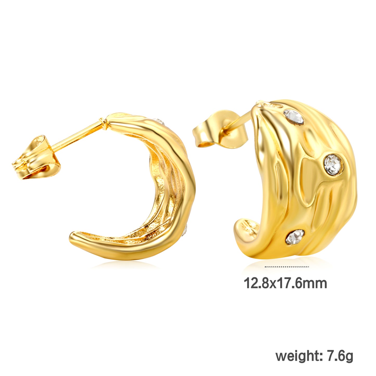 Wholesale Stainless Steel 18K Gold Plated Irregular Pattern C Shape Open Stud Earrings with Sticky White Diamondsdimension diagram with measurements