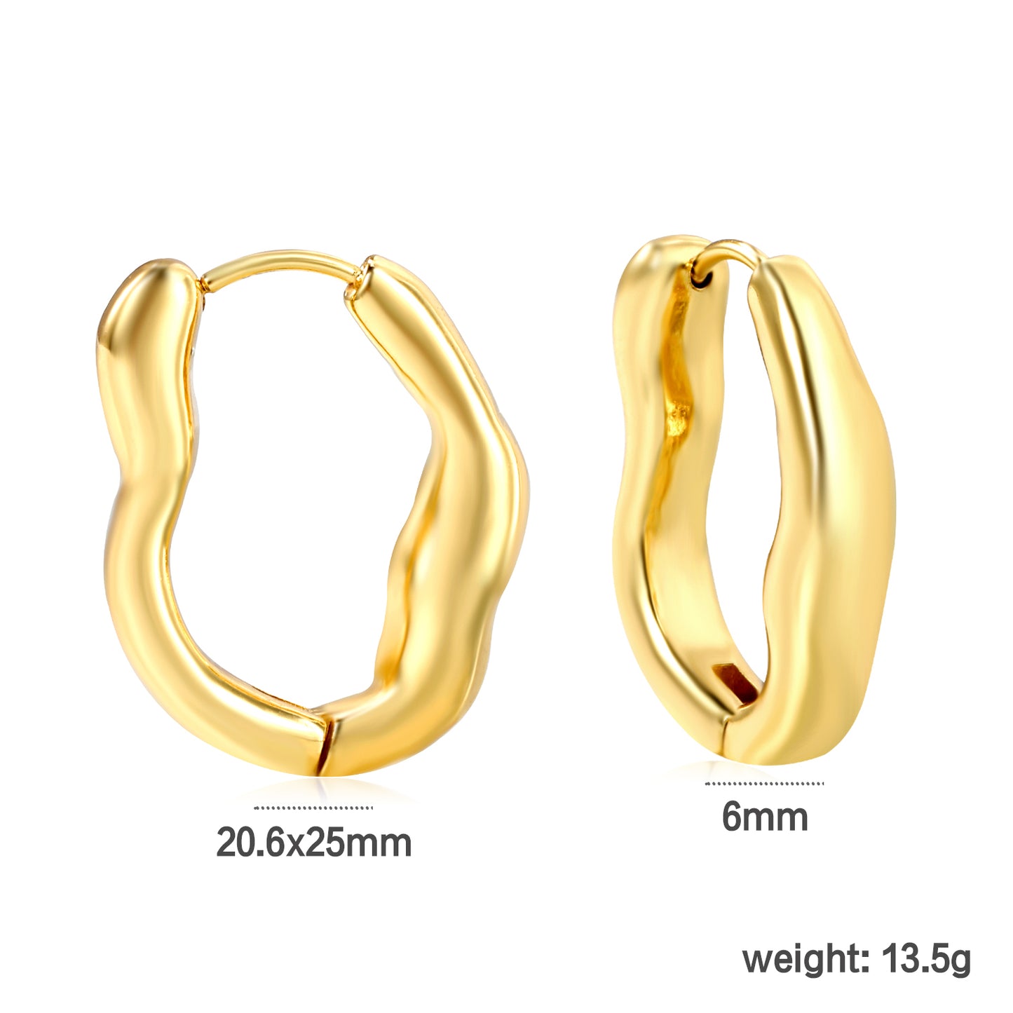 Wholesale Stainless Steel 18K Gold Plated Irregular Solid U Shape Stud Earringsdimension diagram with measurements