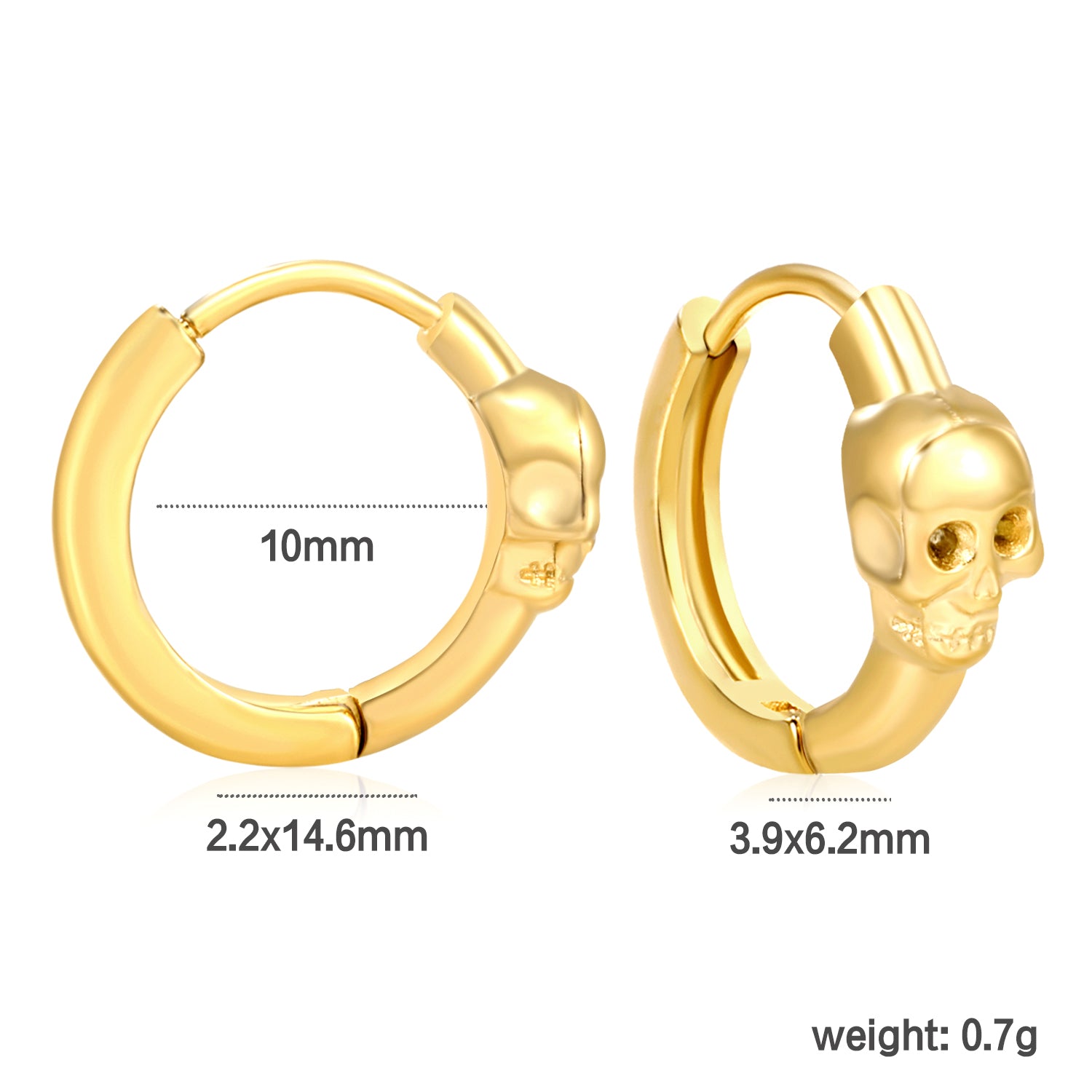 Wholesale Stainless Steel 18K Gold Plated Skull Glossy Stud Earringsdimension diagram with measurements