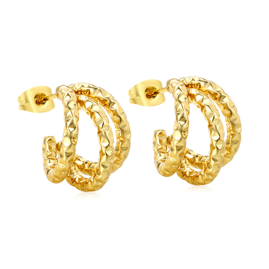 Wholesale Stainless Steel 18K Gold Plated Triple Thread C Shape Stud EarringsHigh-resolution on white background