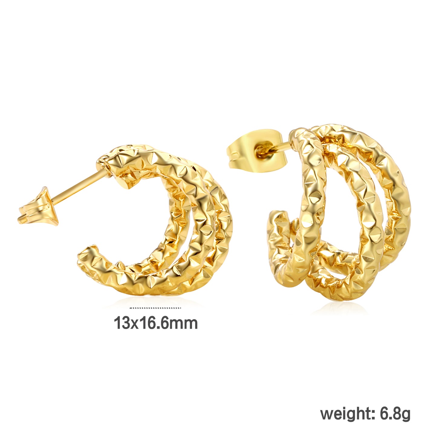 Wholesale Stainless Steel 18K Gold Plated Triple Thread C Shape Stud Earringsdimension diagram with measurements