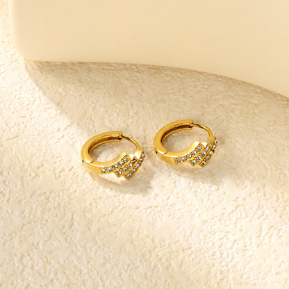 Wholesale Stainless Steel Asymmetrical Rectangle Zircon Hoop EarringsClose-ups of the gold plating and details