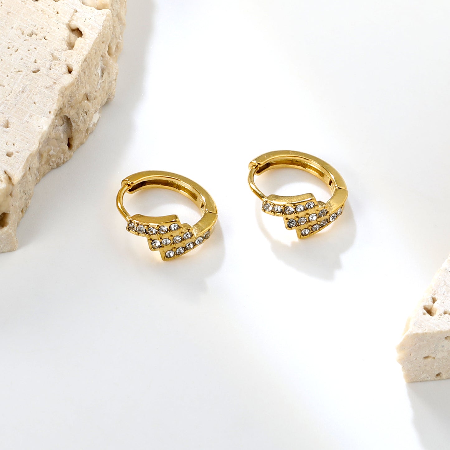 Wholesale Stainless Steel Asymmetrical Rectangle Zircon Hoop EarringsHigh-resolution Lifestyle Photos