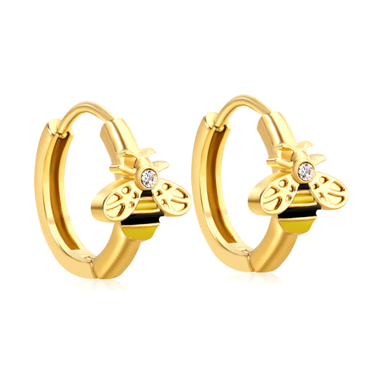 Wholesale Stainless Steel Botanical Bee CZ Hoop EarringsHigh-resolution on white background