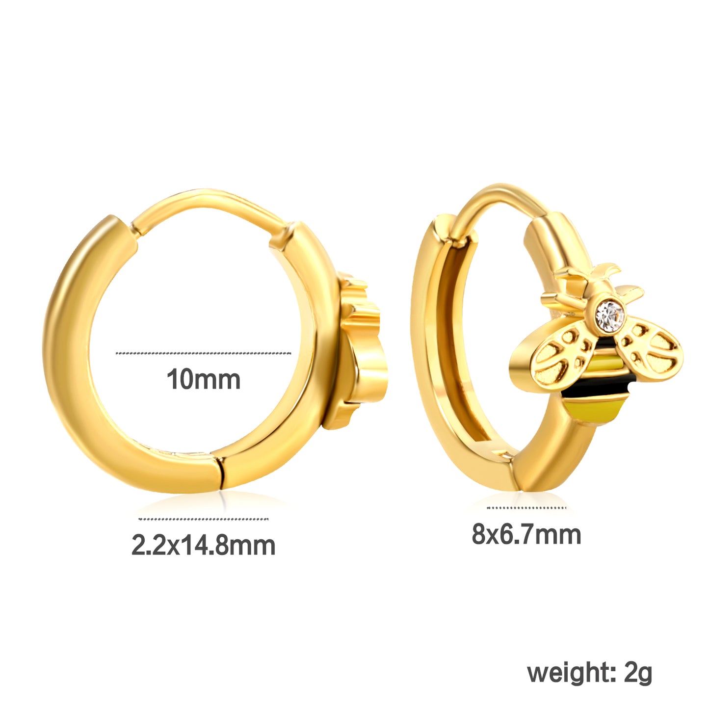 Wholesale Stainless Steel Botanical Bee CZ Hoop Earringsdimension diagram with measurements