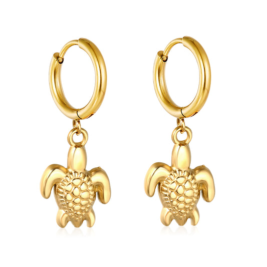 Wholesale Stainless Steel Botanical Turtle Charm Hoop EarringsHigh-resolution on white background

