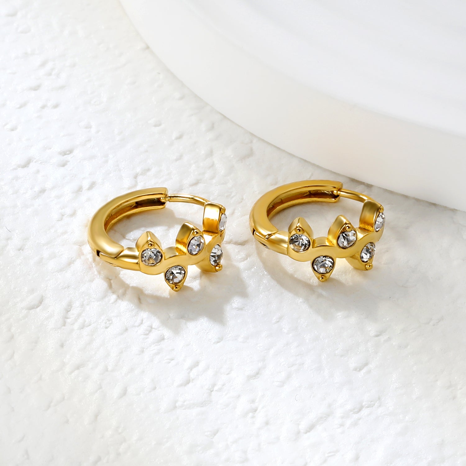 Wholesale Stainless Steel Botanical Vine CZ Hoop EarringsClose-up of the light-colored ambiance