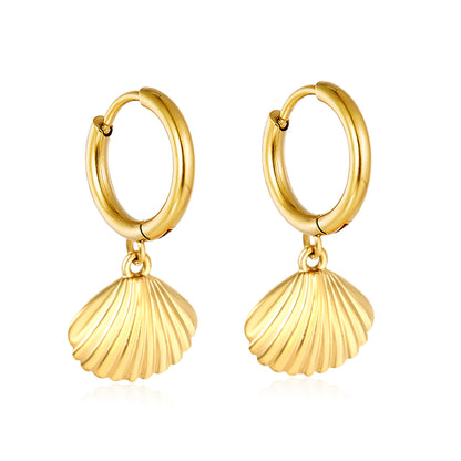 Wholesale Stainless Steel Coastal Shell Charm Hoop EarringsHigh-resolution on white background