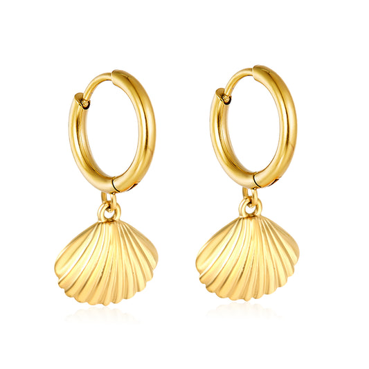 Wholesale Stainless Steel Coastal Shell Charm Hoop EarringsHigh-resolution on white background