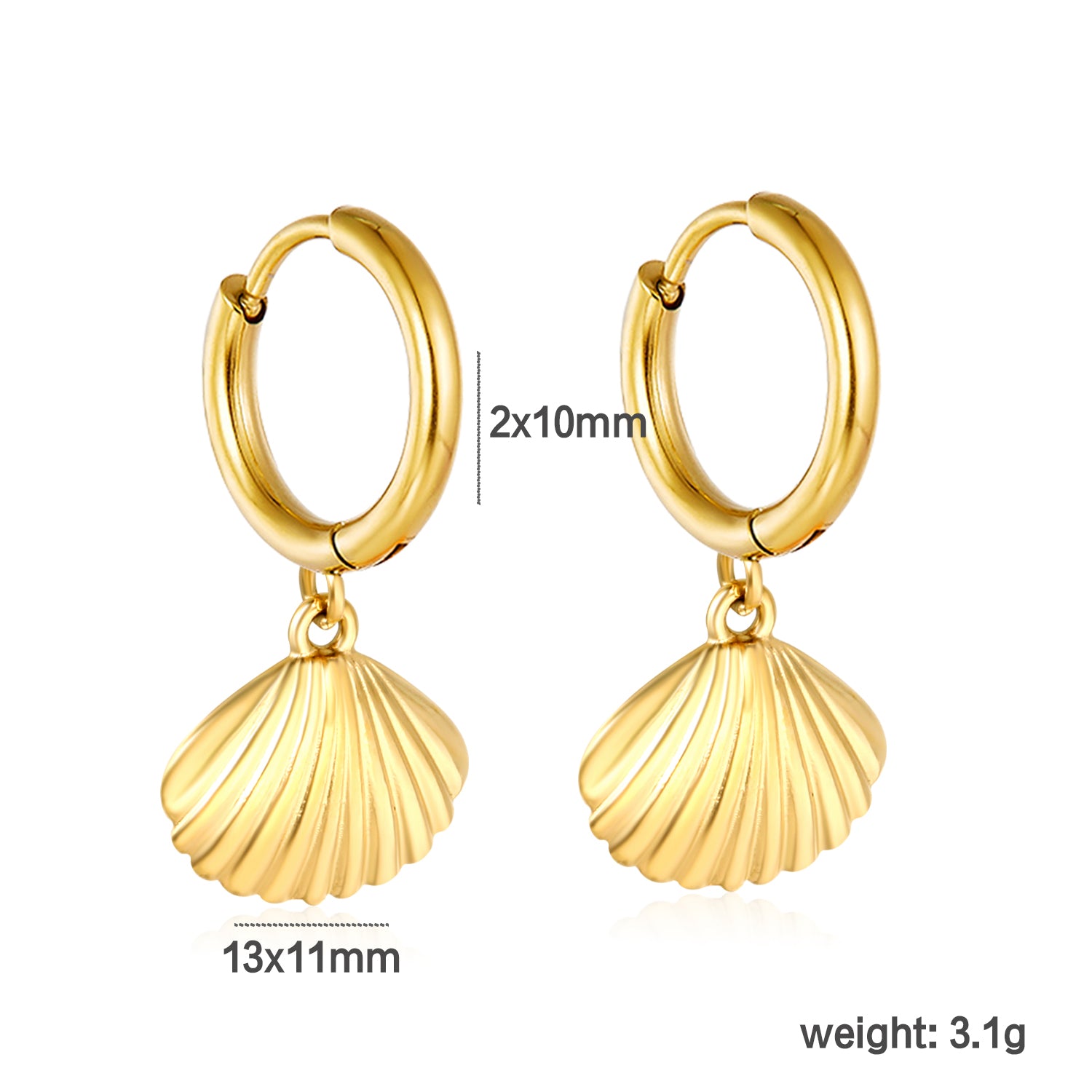 Wholesale Stainless Steel Coastal Shell Charm Hoop Earringsdimension diagram with measurements