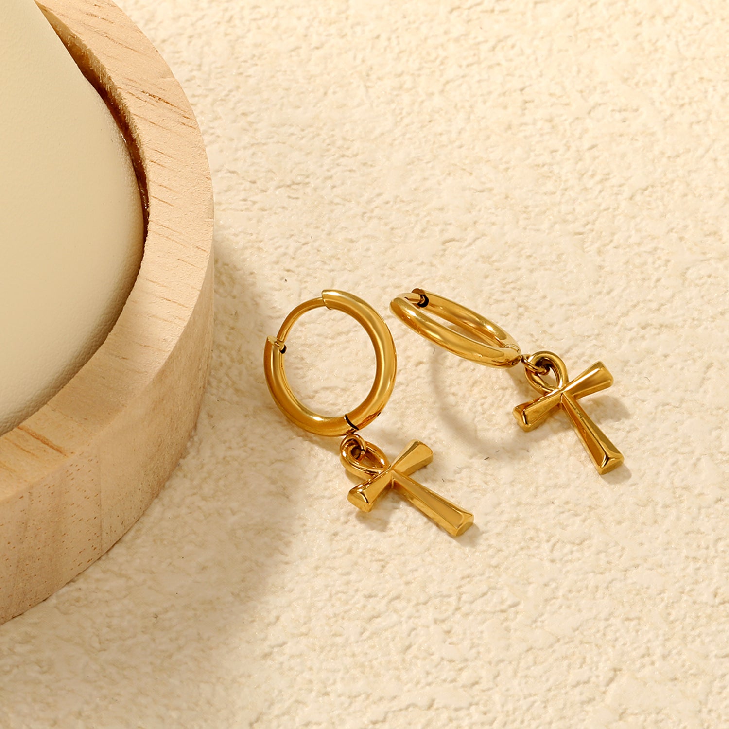 Wholesale Stainless Steel Contemporary Enamel Cross Hoop EarringsClose-ups of the gold plating and details