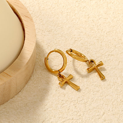 Wholesale Stainless Steel Contemporary Enamel Cross Hoop EarringsClose-ups of the gold plating and details