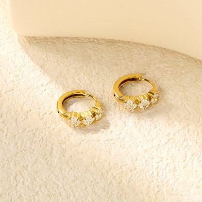 Wholesale Stainless Steel Contemporary Triple Square Zircon Hoop EarringsClose-ups of the gold plating and details