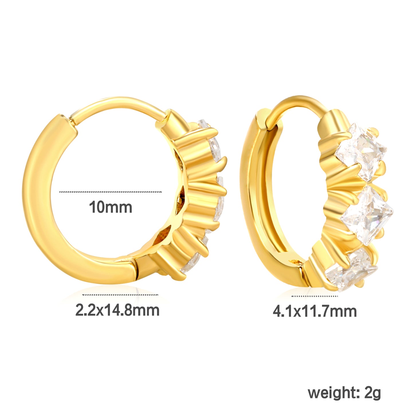 Wholesale Stainless Steel Contemporary Triple Square Zircon Hoop Earringsdimension diagram with measurements
